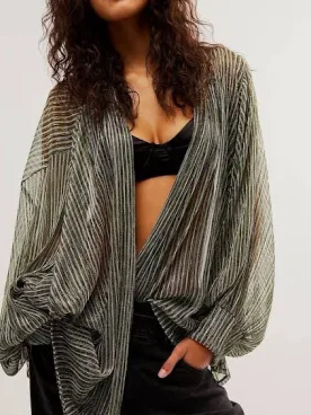 FREE PEOPLE Metallic Shimmer Pleated Whimsigoth Kimono Cardigan Boho Size OS